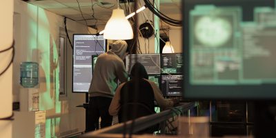 Team of diverse spies using trojan virus to access network Team of diverse spies using trojan virus to access network, trying to steal important information at night. Two young hackers doing teamwork on monitors to plan security breach.